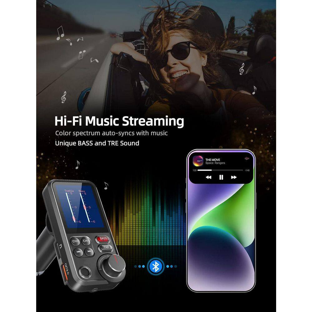 Bluetooth FM Transmitter Car Adapter with Microphone and 1.8 Screen for QC3. 0 C