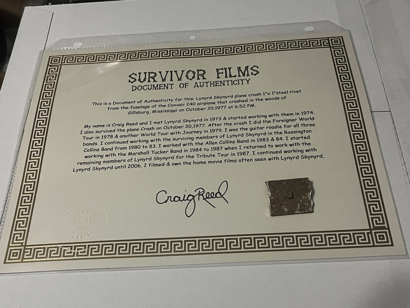 Lynyrd Skynyrd Signed COA Plane Crash Steel Rivet 1”X1” From Fuselage Craig Reed