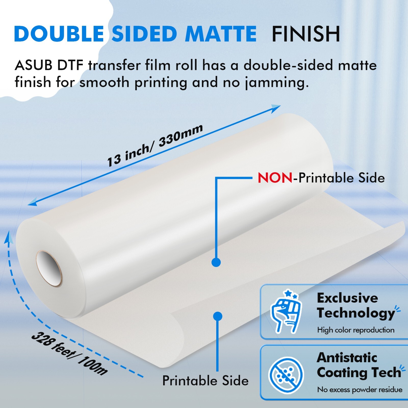 A-SUB A3+ DTF Transfer Roll Film 13in x 328ft DTF Film Premium Hot Cold Peel