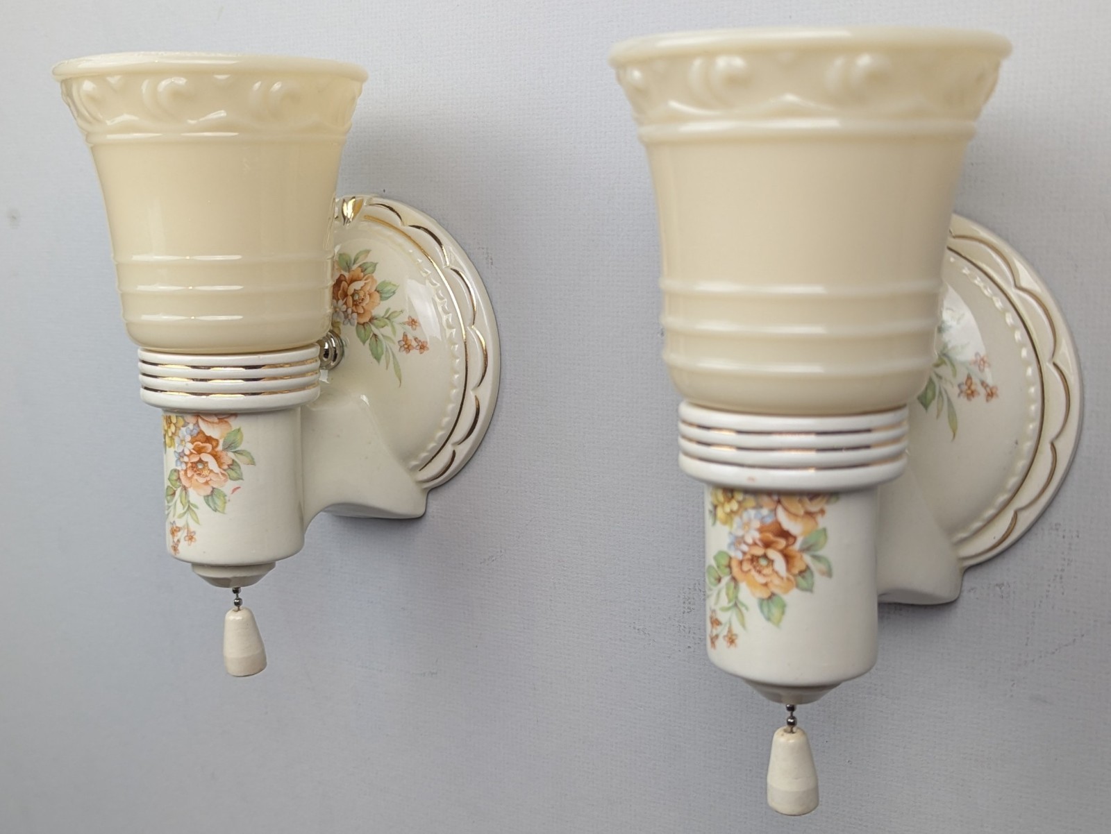 Restored Pair Porcelier Art Deco-MCM Porcelain Sconces, Glass Shades, Excellent!