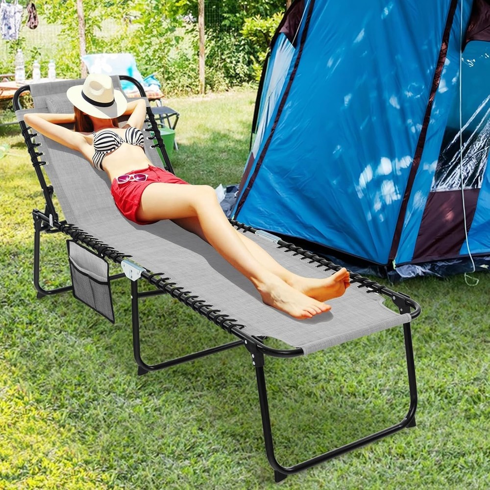 Grey Foldable Patio Lounge Chair with Headrest, 4-Position Adjustable Backrest