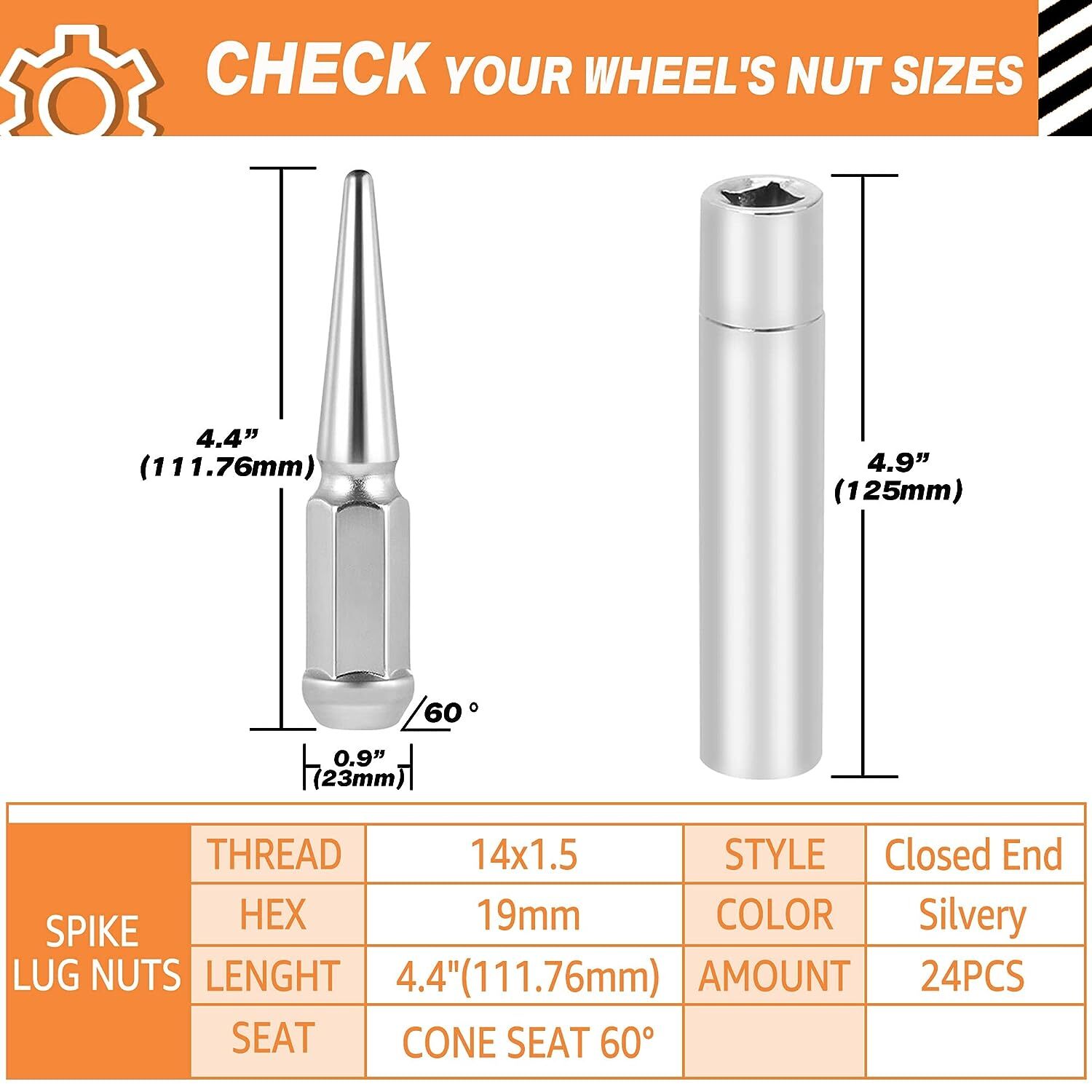 24 PCS Spike Lug Nuts 14x1.5 For Chevy Silverado Tahoe 4.4" Tall with Key