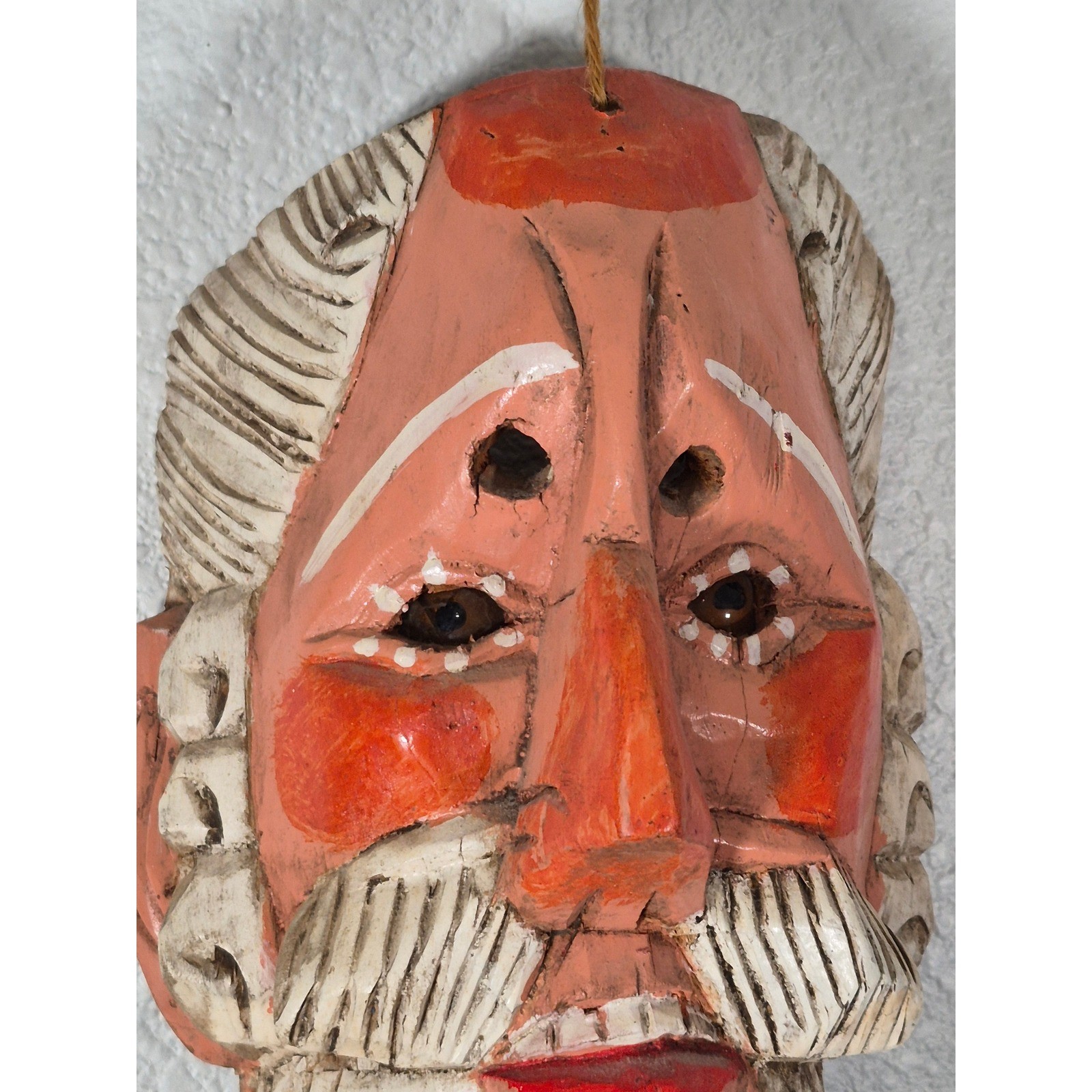 Vintage Hand Carved Wood Guatemala Folk Art Dance Mask Bearded Man Glass Eyes