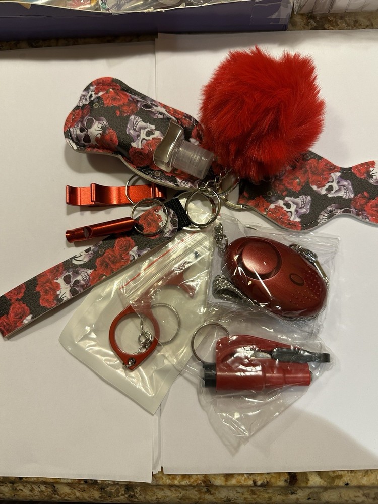 Personal Security Keychain Set with Alarm, Whistle, Red, Floral Pattern