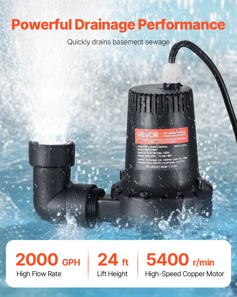 Basement Emergency Back-Up Sump Pump, Black