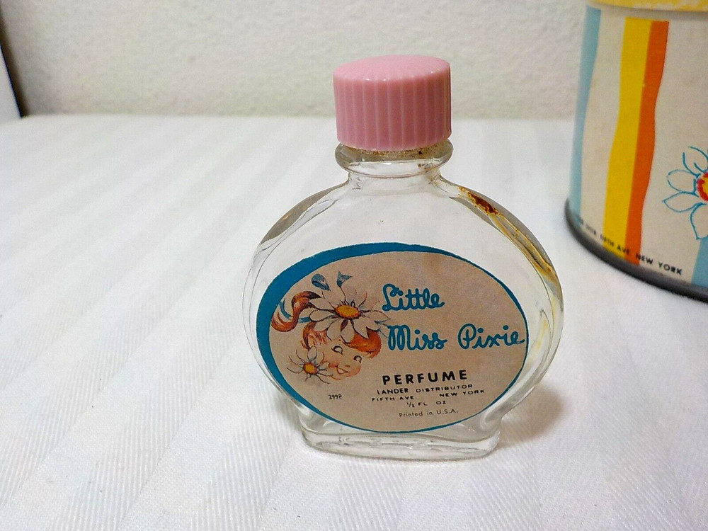 VINTAGE LANDER LITTLE MISS PIXIE DUSTING POWDER FULL & PERFUME BOTTLE EMPTY