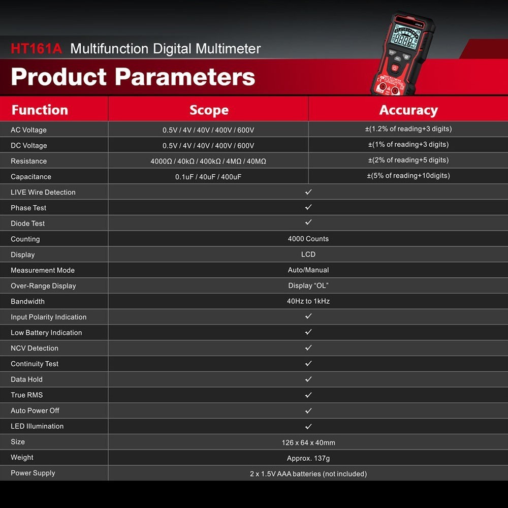 HT161A Auto Range Multimeter 4000 Counts Backlit LCD NCV and Diode Test