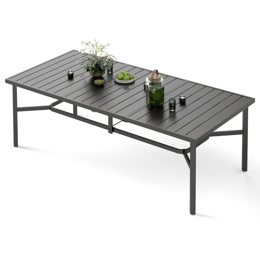Outdoor Patio Table Rectangular Dining Table with Umbrella Hole for 8 Person