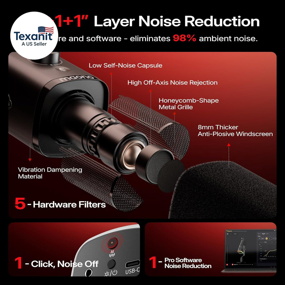 PD100W Wireless/Usb Microphone, PC Gaming Mic with One-Click Noise Reduction,Mut