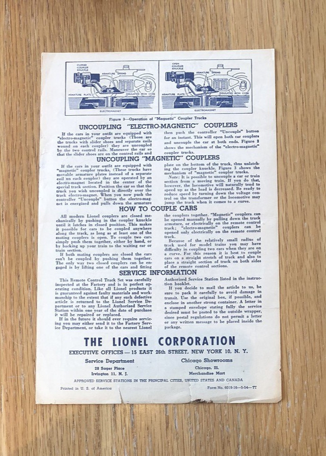 Original 1954 Lionel Model Trains Instruction Sheet- Remote Control Track Sets