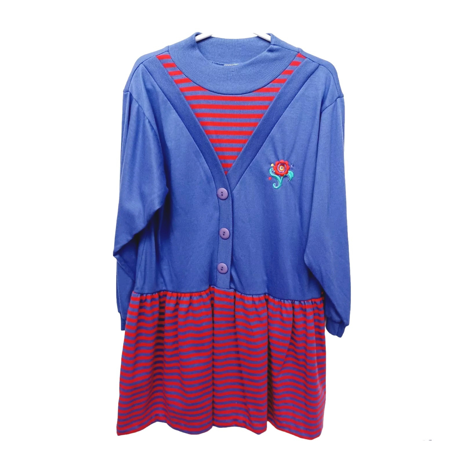 Vintage Healthtex Girls Dress-6-Purple-Red-Solid-Stripe-Drop Waist Made In USA