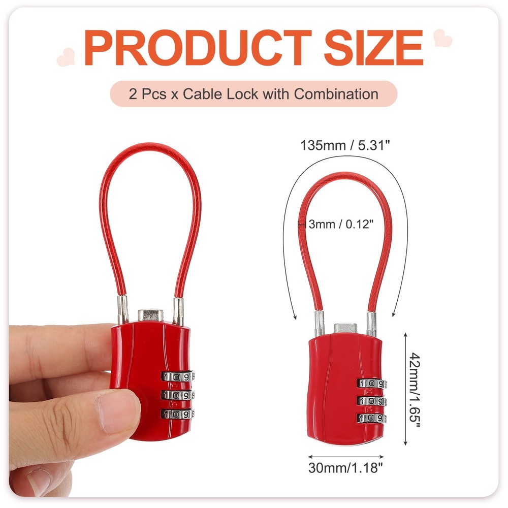 2 Pcs 3 Digit Luggage Cable Combination Lock with 5" Long Cable, Red