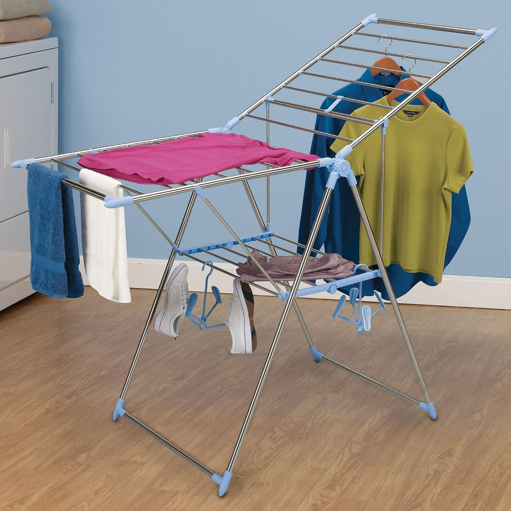 Collapsible Adjustable Gullwing Metal Clothes Drying Rack in Grey