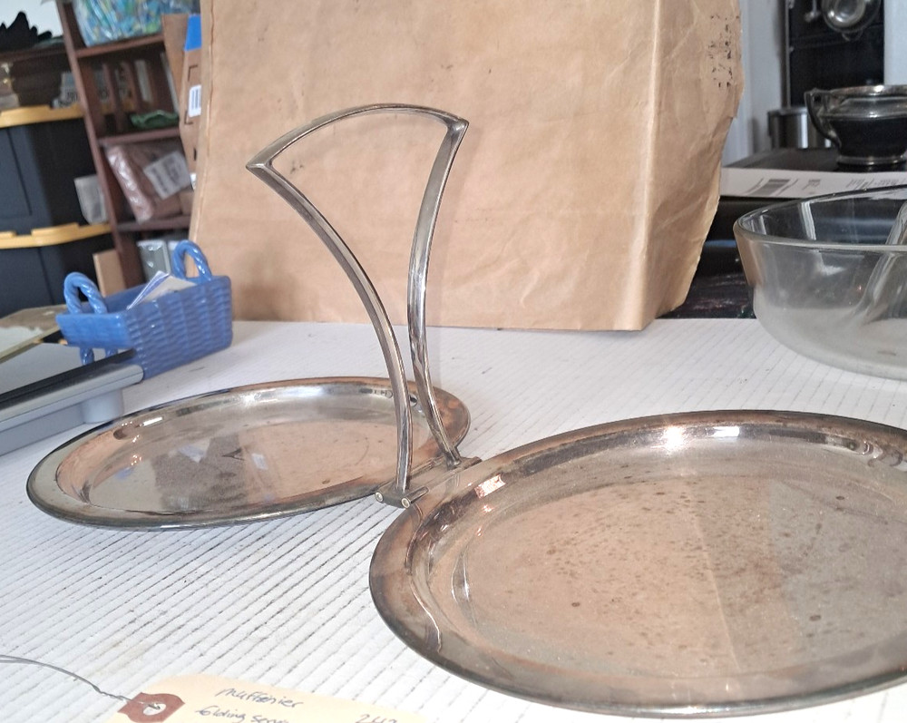 folding serving tray, muffenier, silverplate (247)
