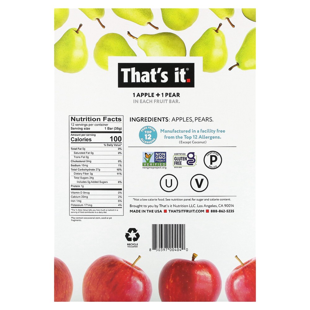 Fruit Bar, Apple + Pear, 12 Bars, 1.2 oz (35 g) Each