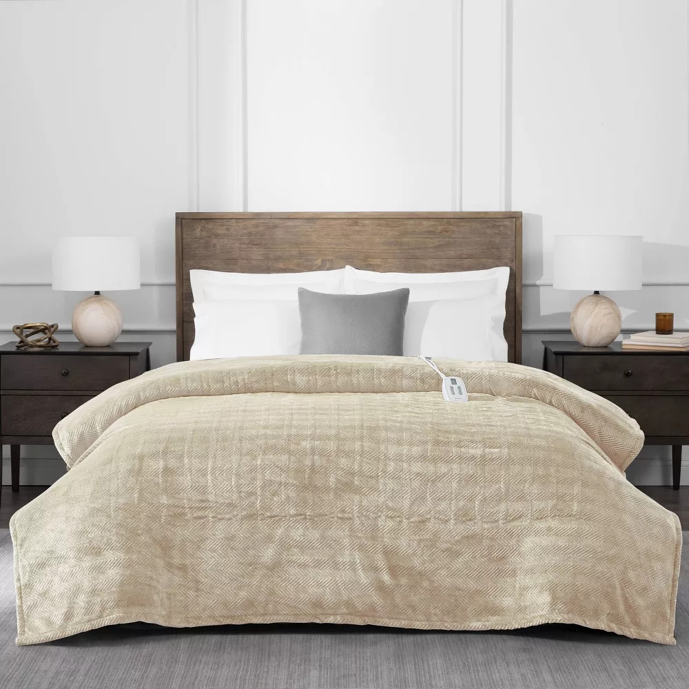 Brookstone Twin Heated Micro Herringbone Blanket Taupe