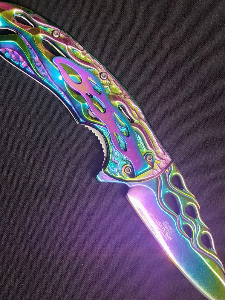 MTECH Assisted Opening Pocket Knife Rainbow Flame Cutout Fire Pattern Blade EDC