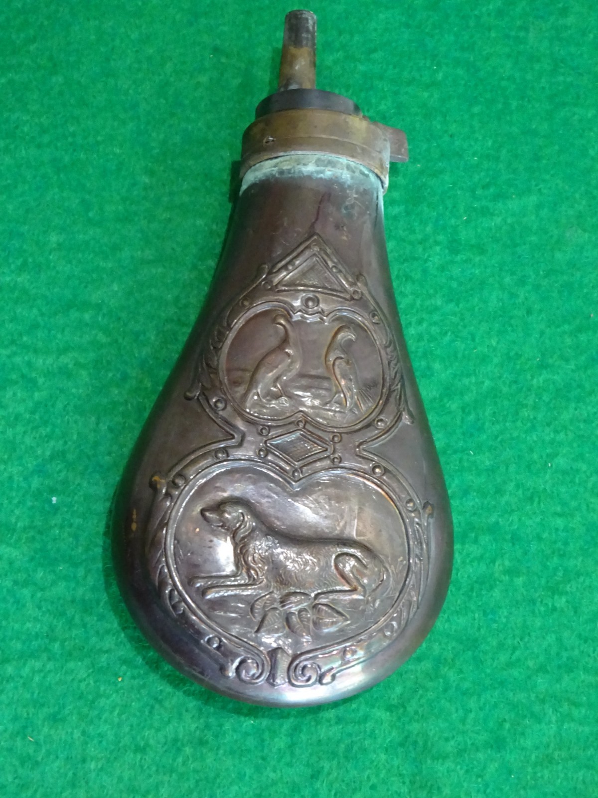 Nice Estate Copper Brass Gun Powder Flask Hunting Theme 6in