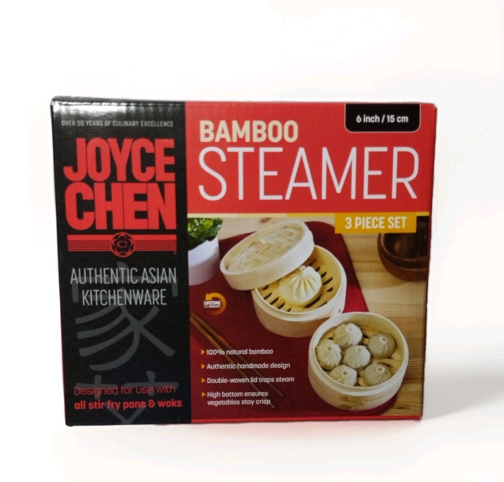 Joyce Chen 2-Tier 3-pc Bamboo Steamer 6" Natural Authentic Asian Kitchenware