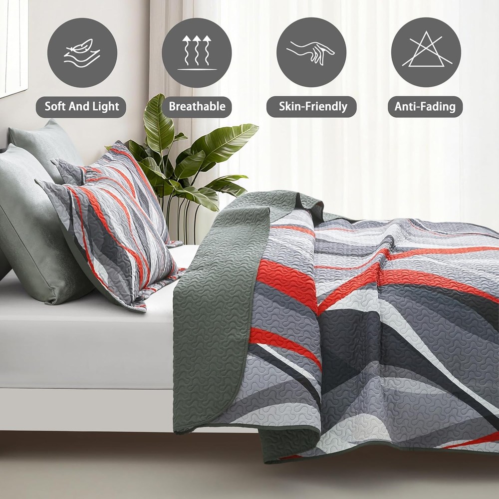 Classic Line Pattern Bedding Quilt King Size Modern Grey Red & Black Stripe