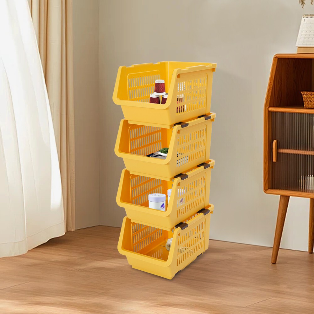 Set of 4 Stacking Storage Baskets Movable PP Storage Bins For Kitchen, Bedroom