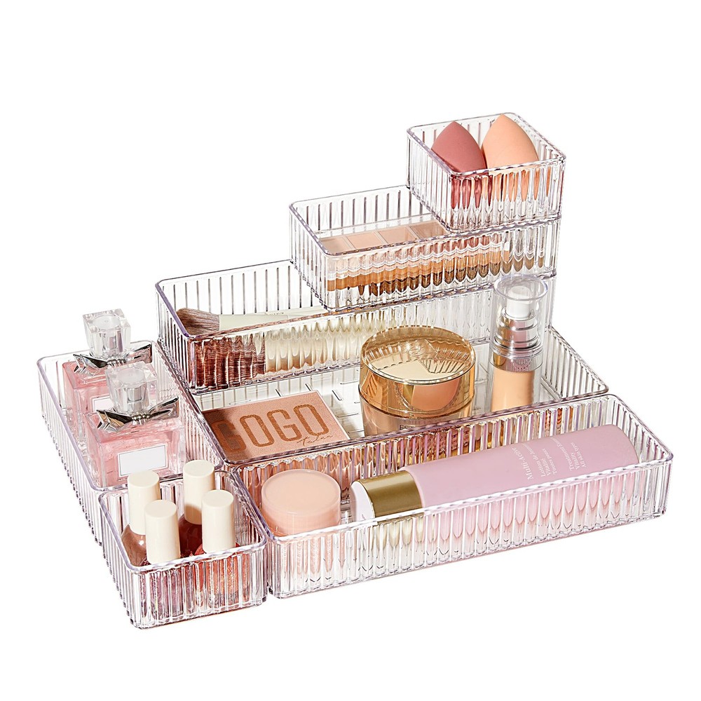 7 PCS Clear Drawer Organizers Bins, 4-Size Stackable Makeup and Vanity Drawer...