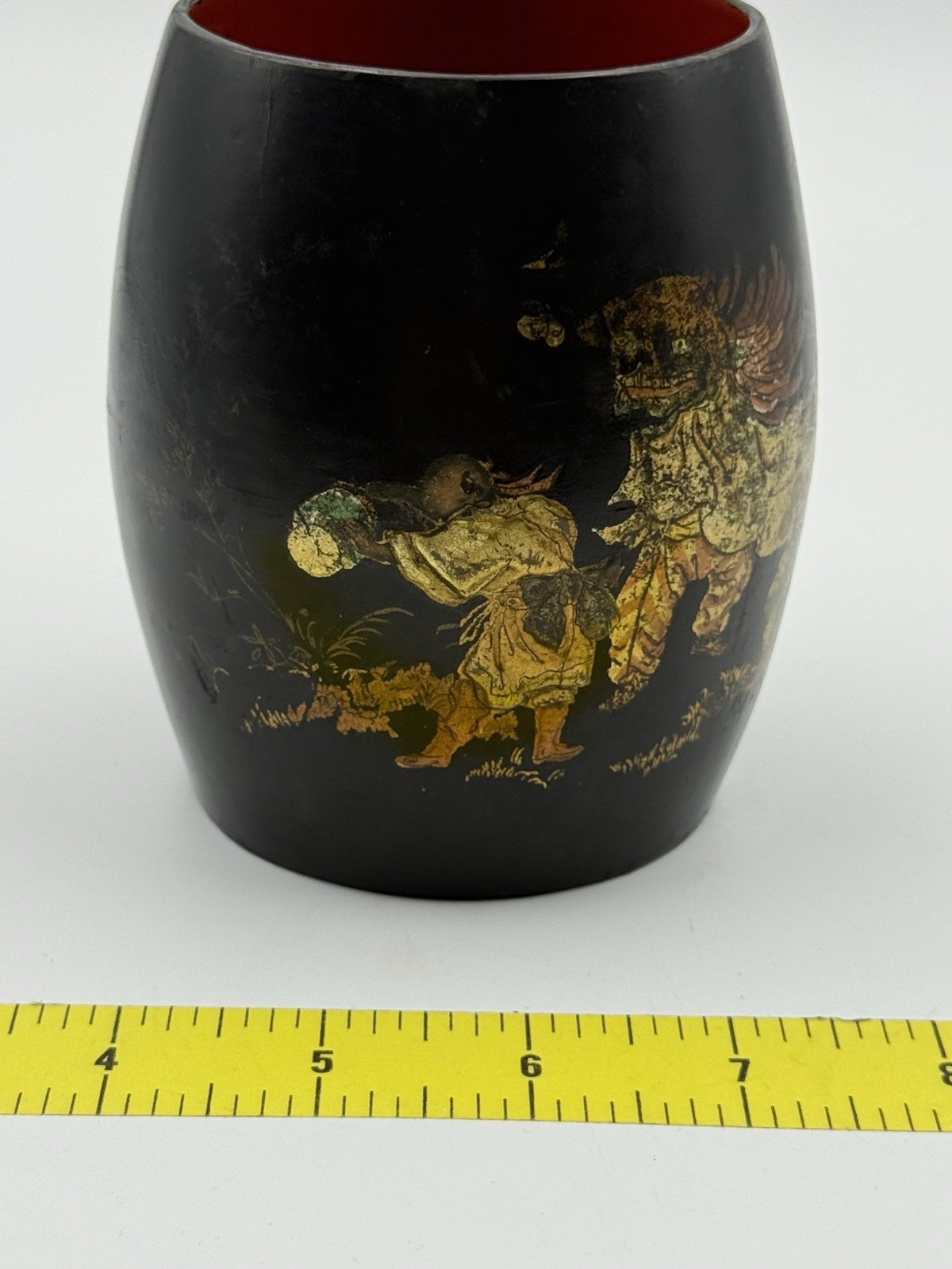 Antique Vietnamese Sơn Mài Lacquer Brush Pot • Múa Lân Lion Dance • Hand Painted