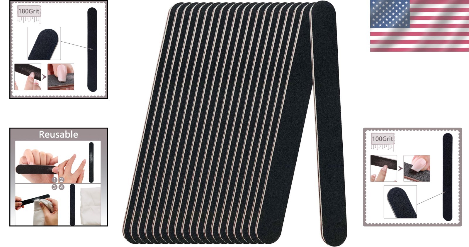 20 Pack 100/180 Grit Nail Files Black Professional Emery Boards Nail