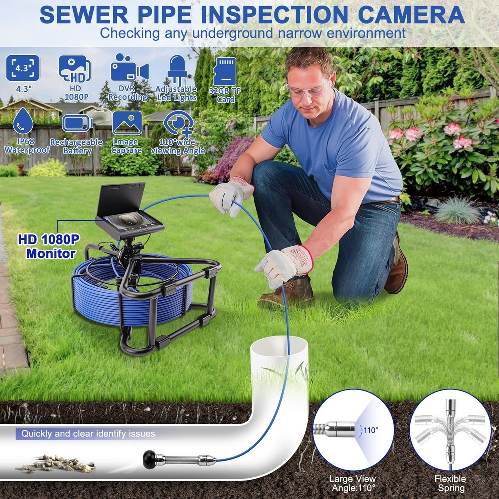 Sewer Camera w/DVR Function, 4.3" HD 1080P Screen Pipeline Inspection Camera,...