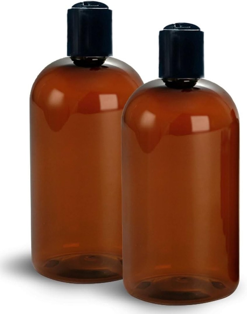 16 oz Amber Plastic Empty Bottles W/ Black Disc Top Caps Refillable Containers