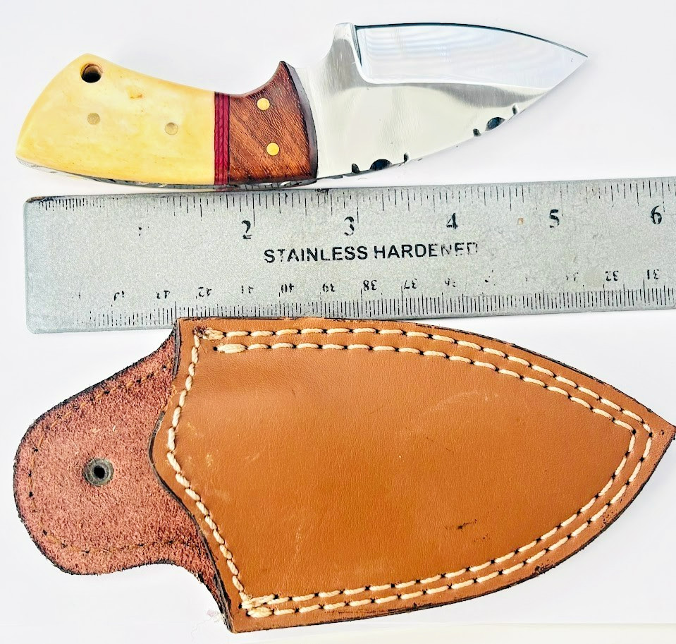 Small Skinning Knife Mirror Finished Blade 6" Fixed Blade Knife & Leather Sheath