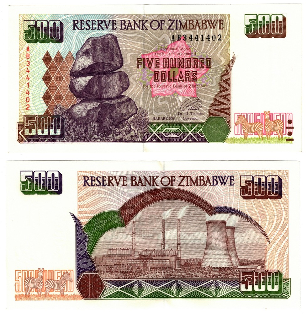 2001 Zimbabwe 500 DOLLAR Banknote  UNC P11a