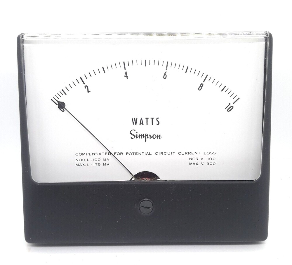 Simpson Panel Meter Model 1379 Wattmeter 0-10 Watts 300 Volts Compensated
