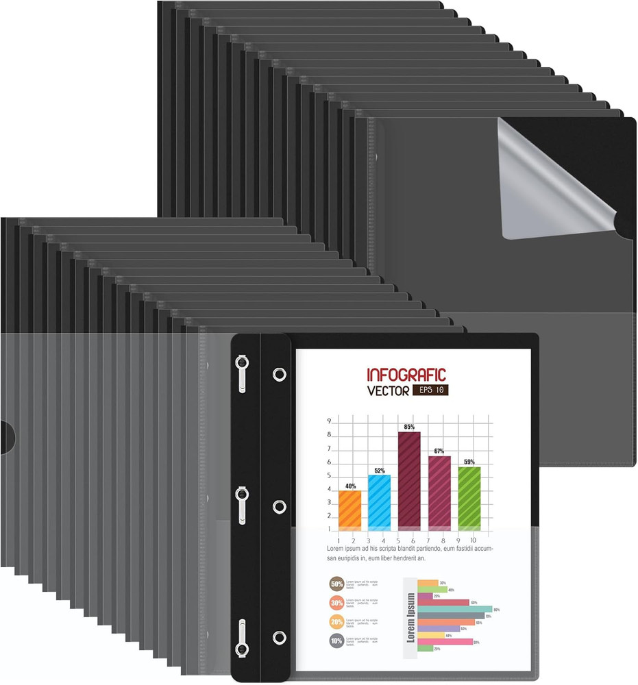 30 Pack Plastic Report Covers with 3-Prong Fasteners Clear Front Presentation Fo