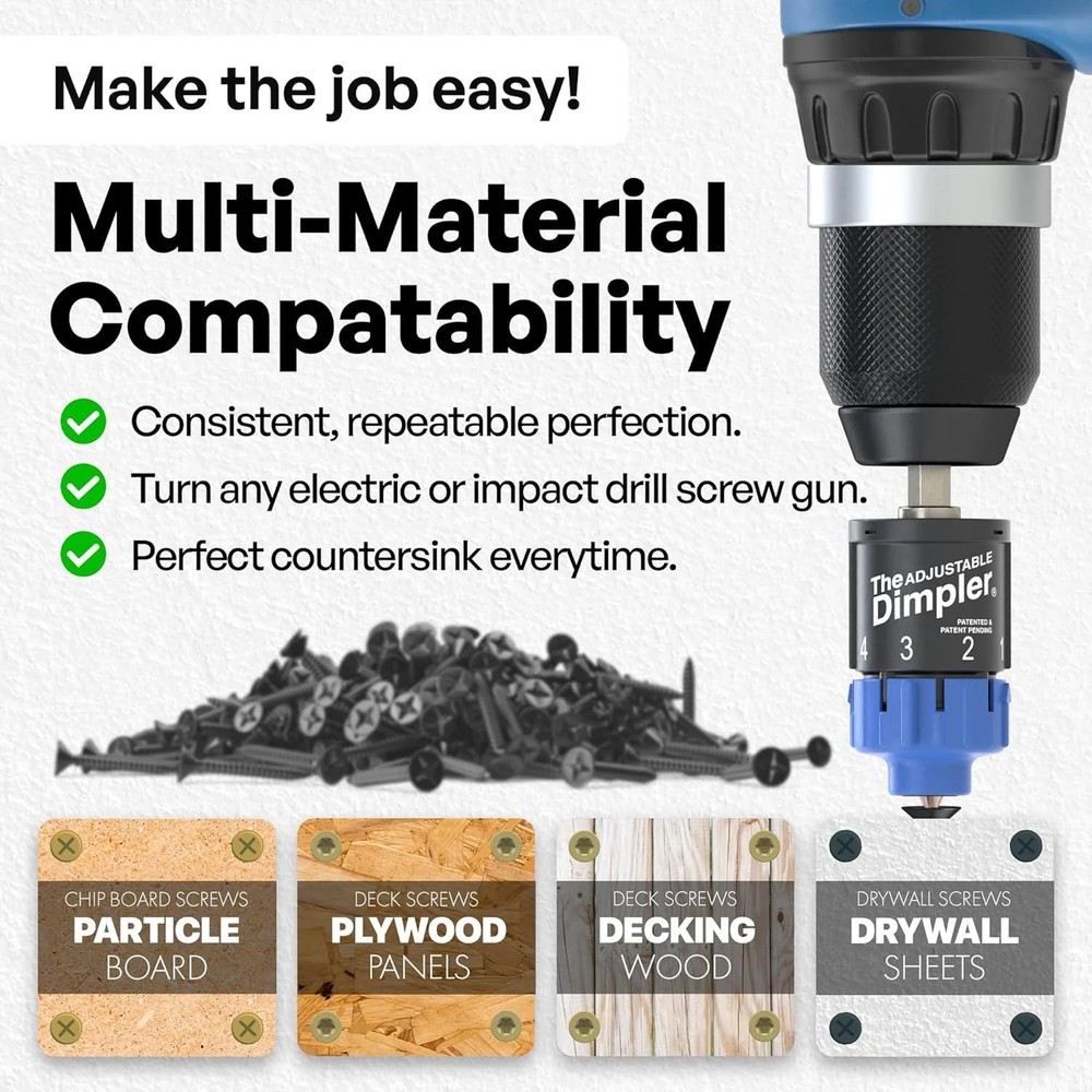 Adjustable DIMPLER ® - Drywall Bit & Screw Gun Attachment, Converts Drill into D
