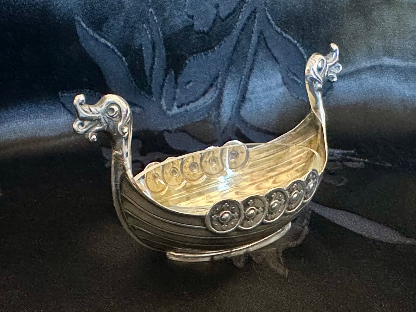 Vintage 925S Sterling Silver Viking Ship Salt Cellar Clear Glass Liner Insert