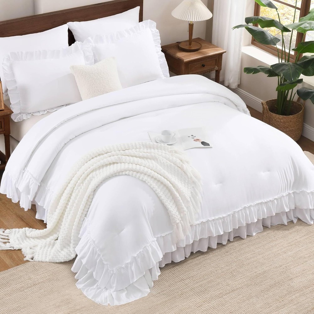 White Ruffle Comforter Full Set, 3 Piece Simple Bedding Comforter Set