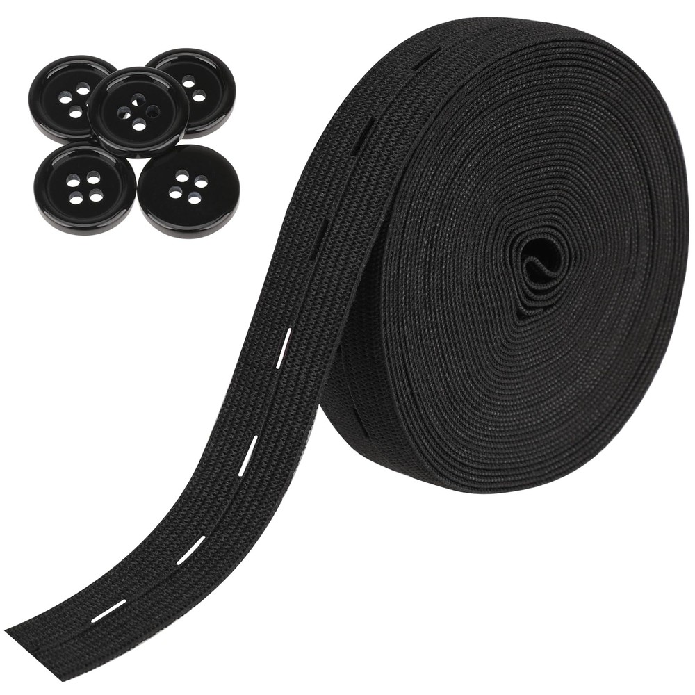 Flat Sewing Band with Buttonholes,3/4 Inch Elastic String Strap Black