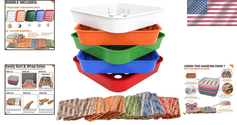 Durable 5-Tray Coin Sorting System with 110 Wrappers for Seamless Organization