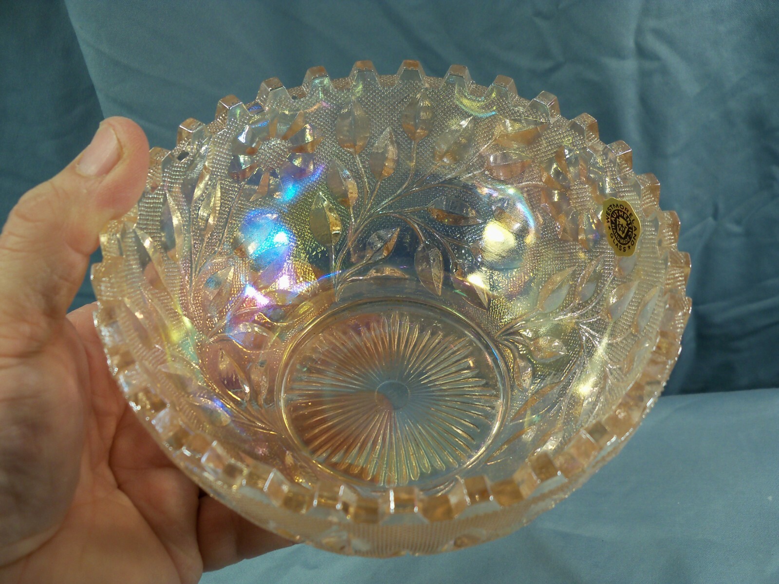 Westmoreland Pink Carnival Glass Wildflower & Lace Finger Bowl / Fireball Bottom