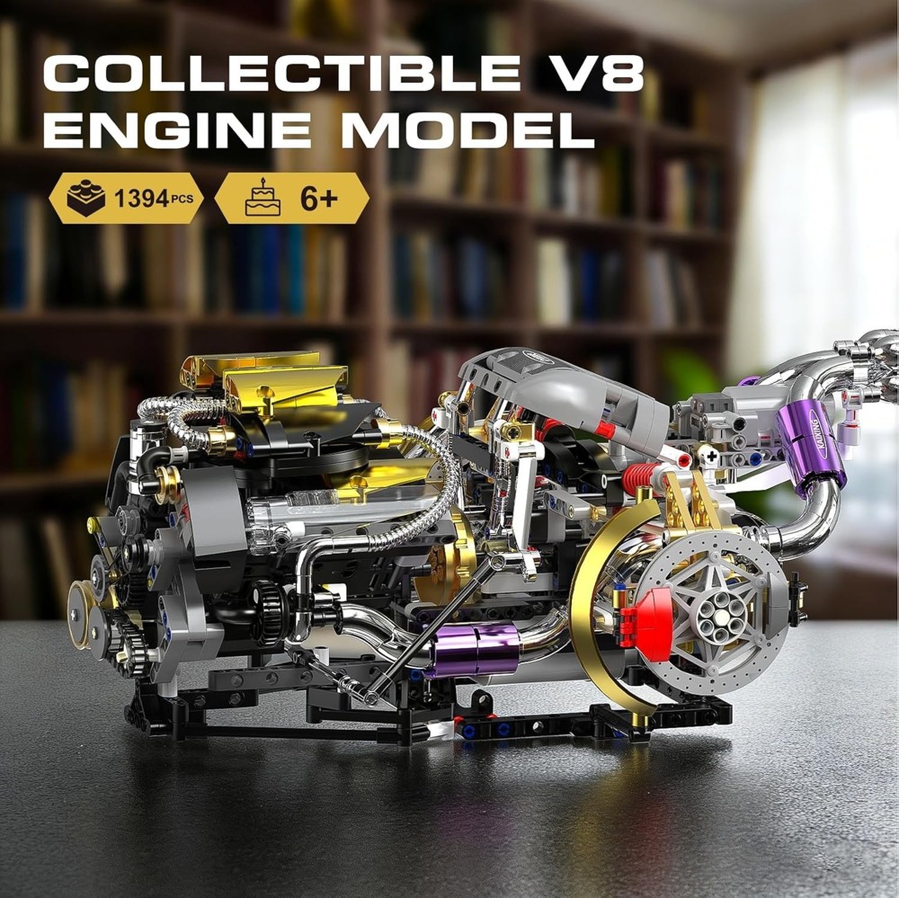 V8 Engine Model Kit That Works, 1394 PCS Advanced Collectible Engine Building Bl