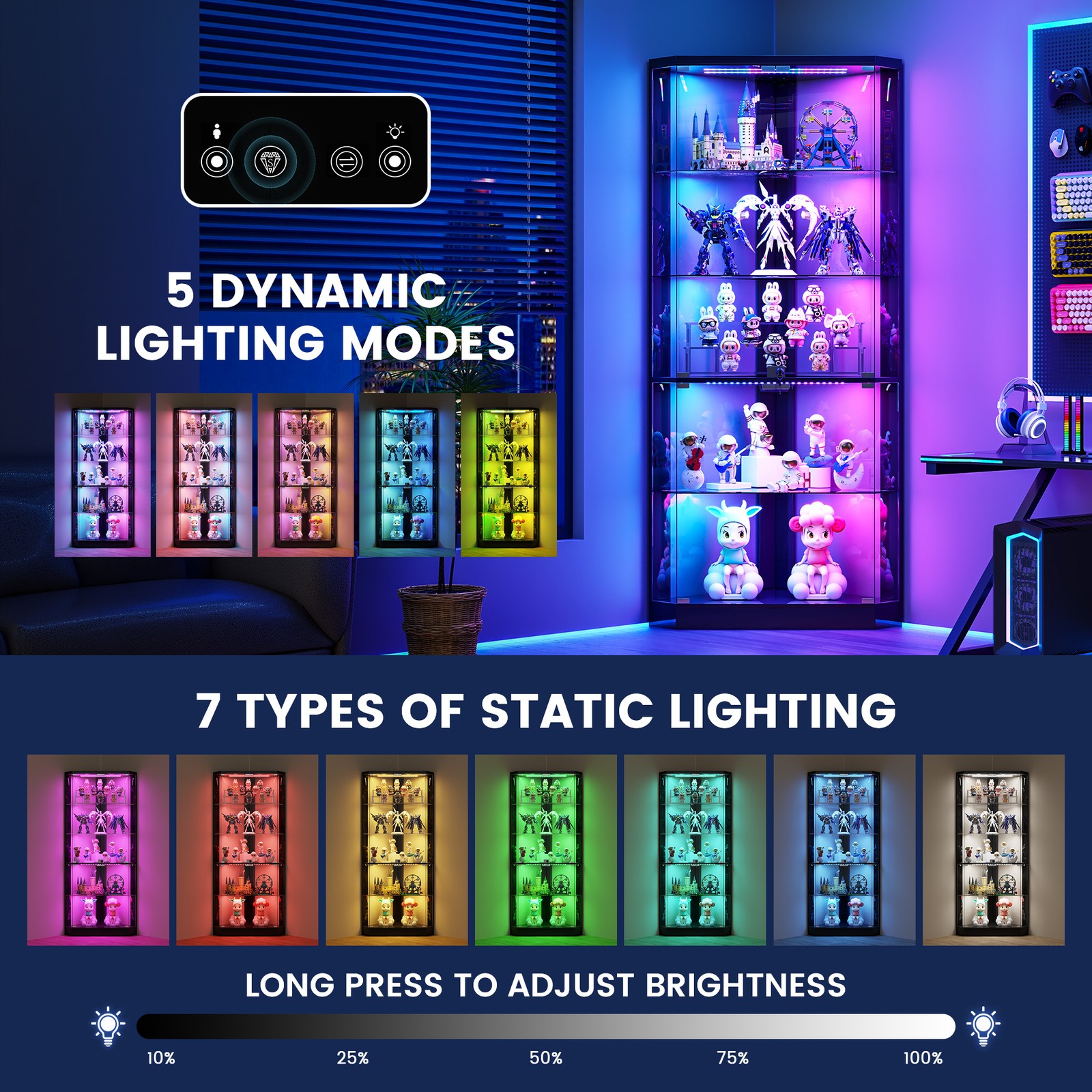 Black Curio Cabinets with RGB Lights, 69" Tall Display Cases for Collectibles