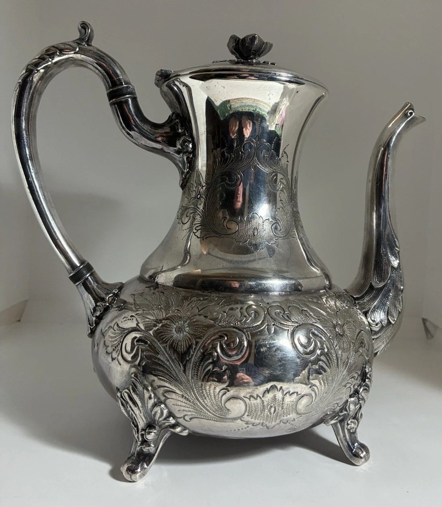Sheffield Silver Co NY Floral Hand Chased Silver Playe Tea Pot