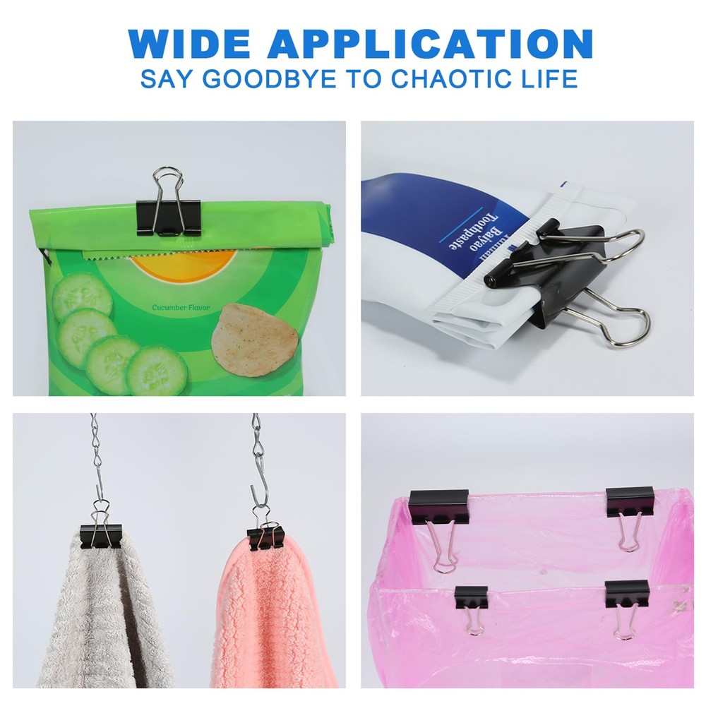 Assorted sizes of binder clips, including extra large, medium, small, mini
