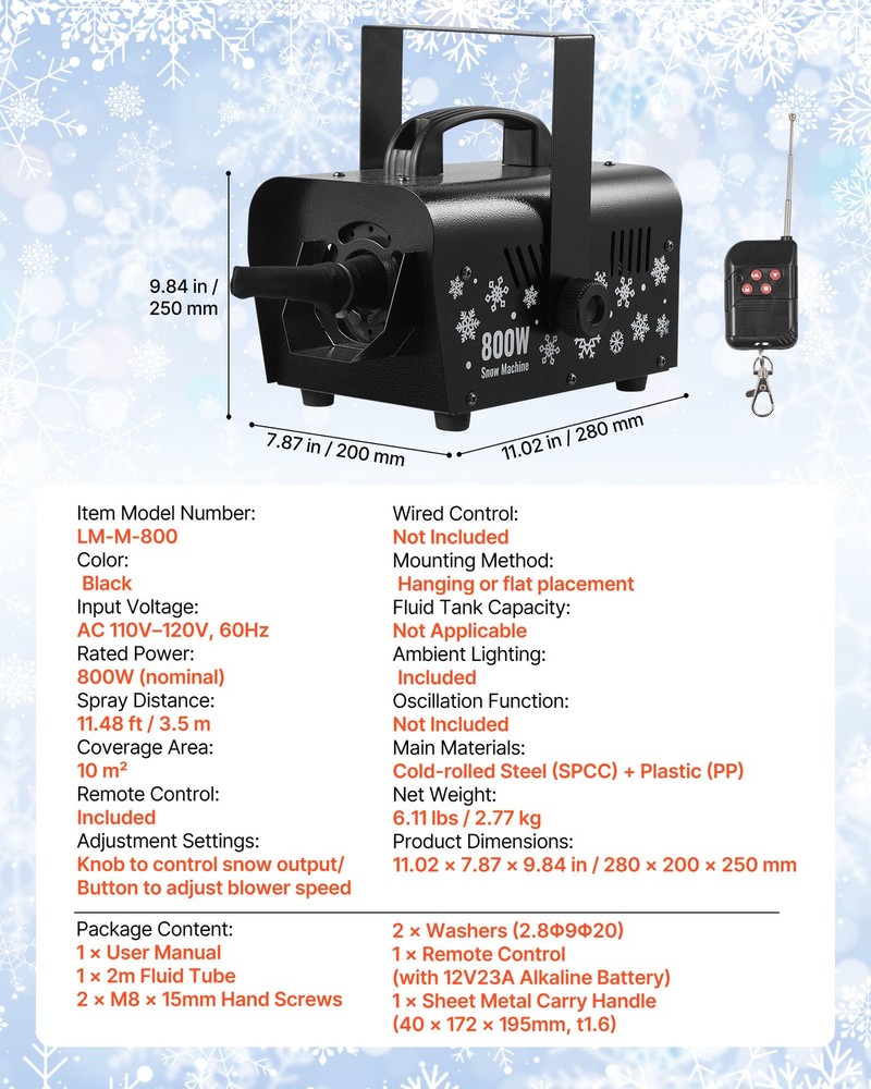 VEVOR 800W Snow Machine Portable Remote Control Handheld Hanging Snow Maker