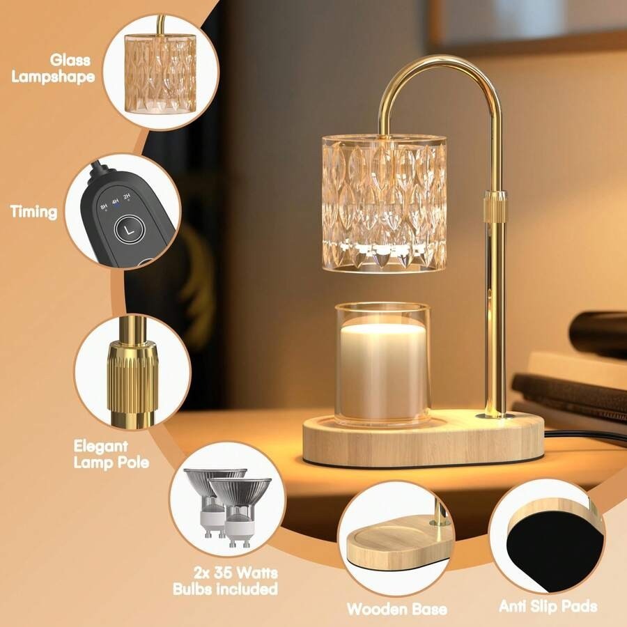 Gold Electric Candle Warmer with Timer Dimmer Adjustable Height