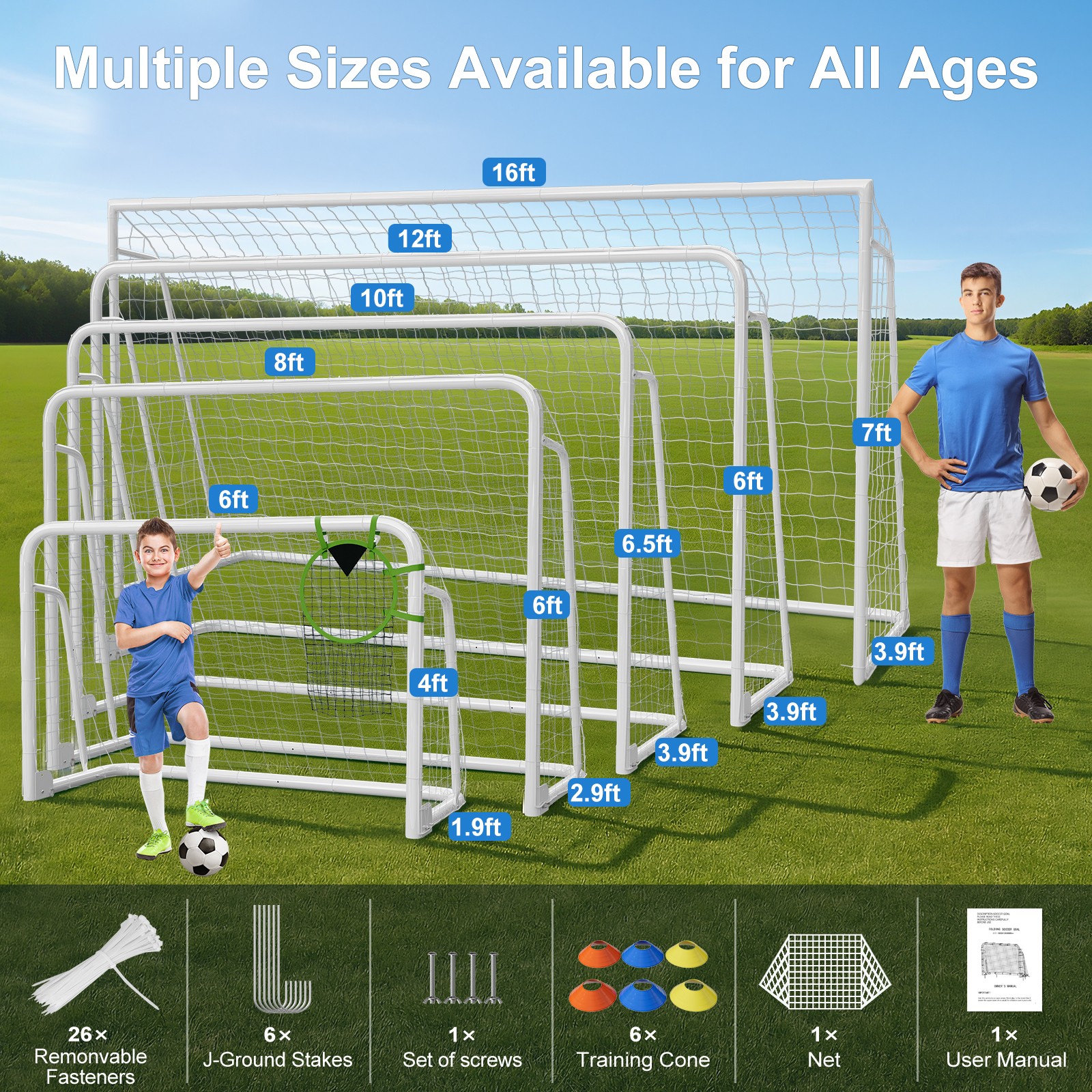 16x7ft Soccer Goals for Backyard, Steel Frame with 6 Cones for Teens/Adults