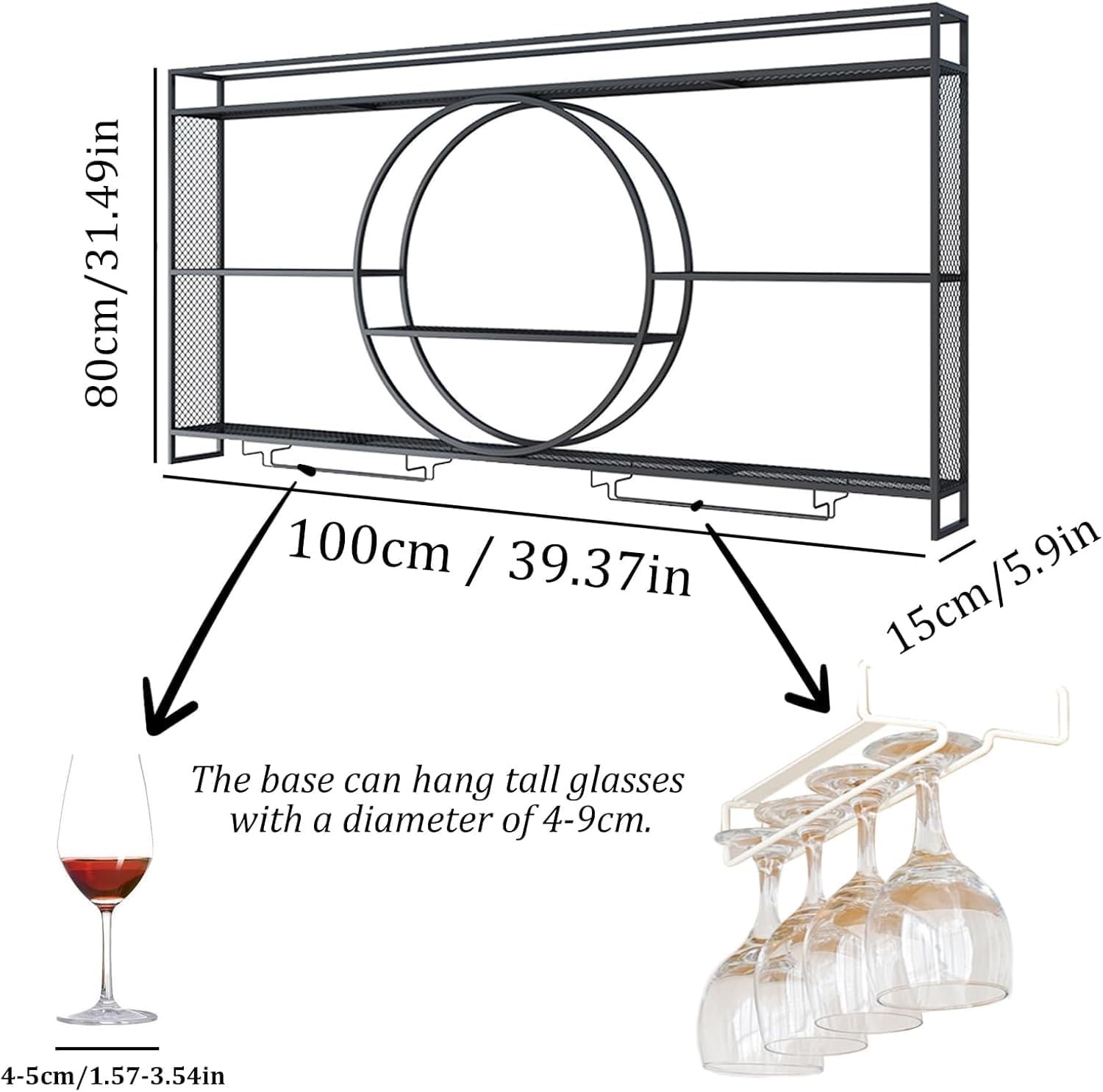 Wall Mounted LED Wine Rack Metal Bar Bottle Display Shelf with Wine Glass Rack