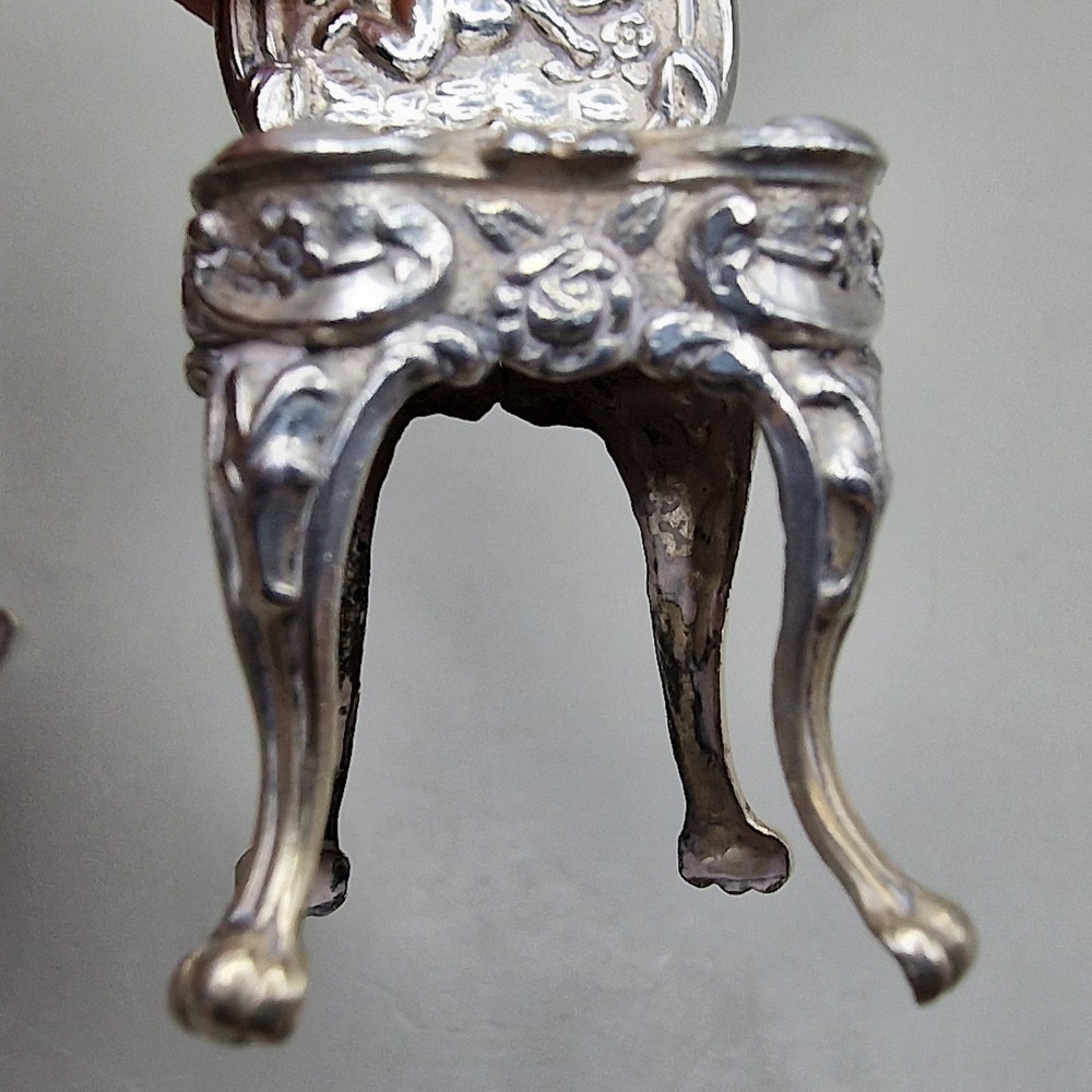 Vintage Solid Silver Miniature Dollhouse Table & Two Cherub Chairs
