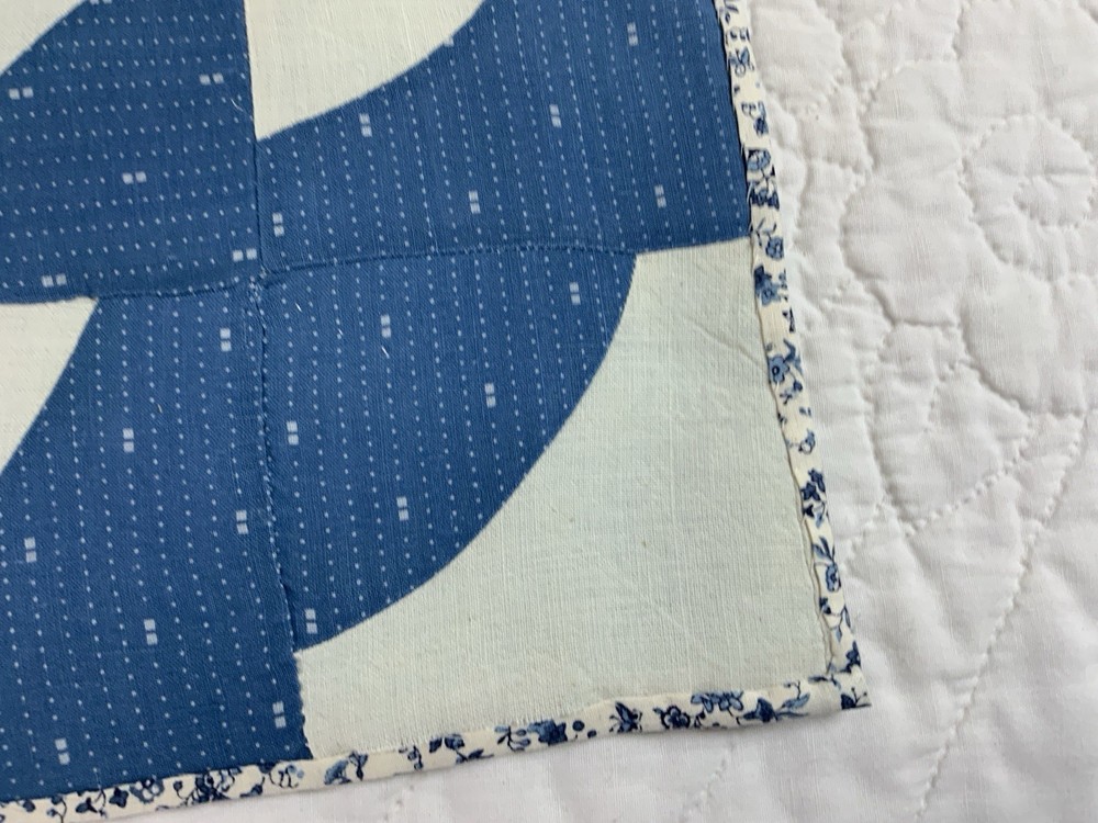 Antique Vintage Patchwork Quilt Table Topper, Drunkards Path, Blue & White